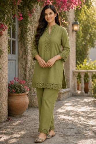 Image of Women's Pure Cotton Co-Ord Set, Green Kurta with Pant, Floral Embroidered 3 /4 Sleeve, Stylish Pocket