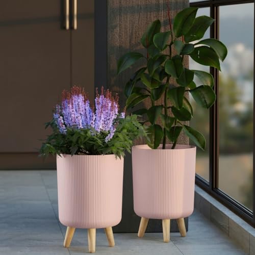 Image of StyleX Store Modern Flower Pot with Plastic Legs | Indoor Outdoor Planter for Home Garden Balcony Decor Ribbed Design Sturdy Plastic Mid-Century Style (Blush Pink Pack of 2)