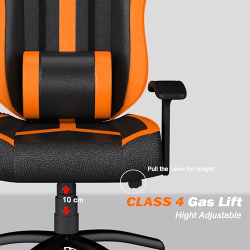 Image of ASE GAMING Ranger Series Ergonomic Gaming Chair Premium PU Leather, Adjustable Neck & Lumbar Pillow, 180 Degree Recline with Black Metal Base (Orange)