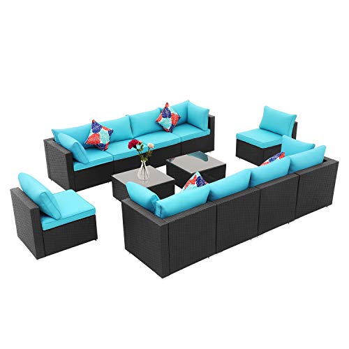 Ainfox Patio Furniture Set, 12 Pieces Outdoor Sectional Sofa Set PE Rattan Wicker Patio Conversation Sofa Set with Cushions & Glass Coffee Table (12 Pieces, Blue)