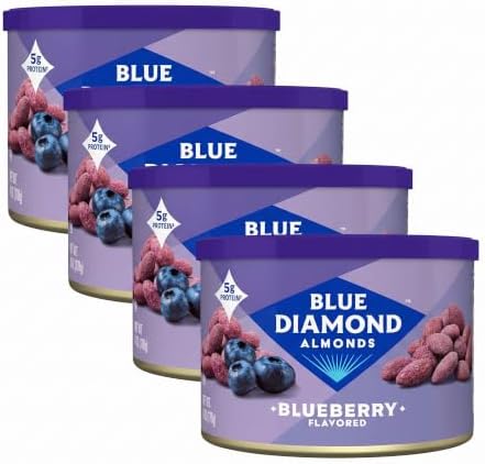 Blue Diamond Almonds, Classic Blueberry Flavored Sweet Snack Nuts, Non-GMO,Kosher, and No Gluten Ingredients or Artificial Flavors,Great size for On-the-go, Lunch, Adults and Kids, 6oz Can (Pack of 4)