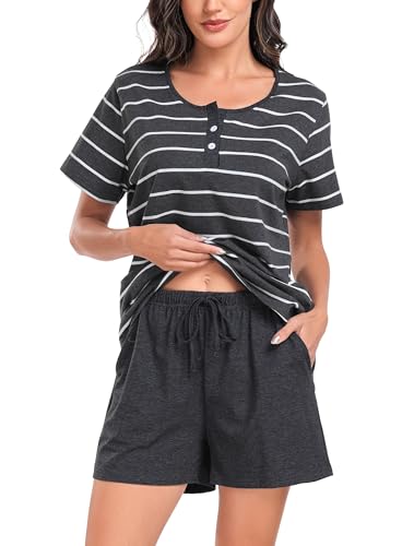 Sopesil Damen Schlafanzug Kurze Ärmel Damen Pyjamas Baumwolle Gestreift Pyjama Sets mit Taschen Nachtwäsche weich Gemütlich Lounge Wear für Frauen,Dunkelgrau,M
