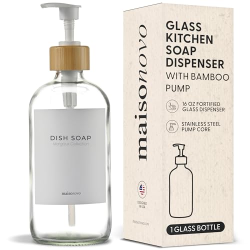 MaisoNovo Glass Hand Soap Dispenser | Dish Soap Dispenser for Kitchen | 16.9oz Clear Bottles with White Bamboo Pump | Bathroom Lotion Dispenser