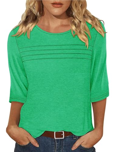 KISSMODA Women's Casual 3/4 Sleeve T-Shirts Round Neck Cute Tunic Tops Basic/Pleated Summer Tops Trendy Spring Blouses