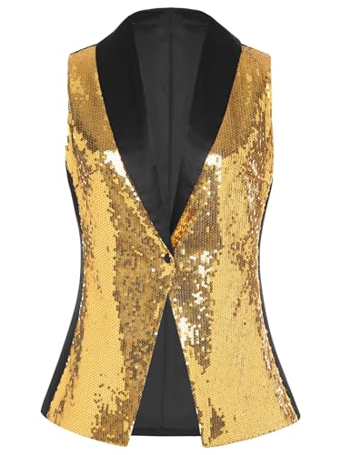 renvena Womens Sequin Sleeveless Blazer Vest Dressy One Button Tuxedo Suit Jacket Glitter Clubwear