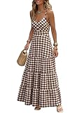 Caracilia Summer Maxi Dresses for Women Gingham Spaghetti Strap V Neck A Line Casual Long Dress 2026 Beach Vacation Clothes Brown White Plaid Medium