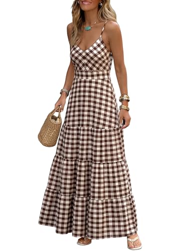 Caracilia Summer Maxi Dresses for Women Gingham Spaghetti Strap V Neck A Line Casual Long Dress 2026 Beach Vacation Clothes Brown White Plaid Medium