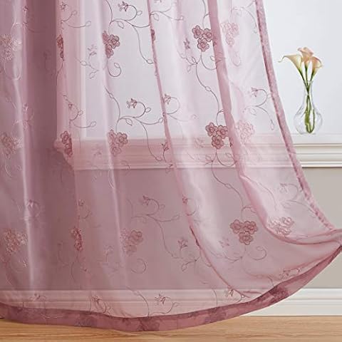 HLC.ME Allegra Floral Vine Embroidered Sheer Voile See Through Light Filtering Long Window Curtain Drapery Rod Pocket Top Panels for Guest Room & Bedroom, Set of 2 (54 W x 96 L, Mauve Lilac Purple) Cover