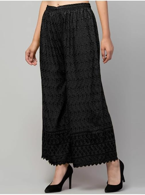 Image of Women's Palazzo Pants Rayon Trousers Chikankari Embroidered Lace Trim Wide Leg Straight Fit Flared Palazzo for Girls & Women