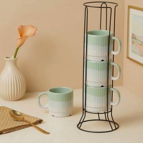 Image of The Earth Store Green Fringe Premium Ceramic Tea Cup Set of 4, 200 ML | Microwave and Dishwasher Safe Space Saver Tea Cup with Stand | Coffee Cups for Gifting, Home & Office Use, Every Occasion