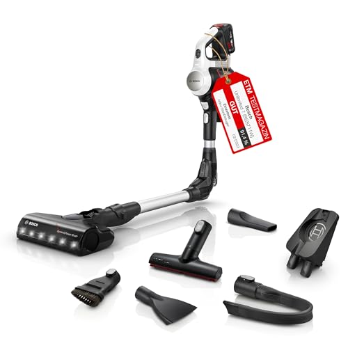 Bosch Akku-Staubsauger Unlimited 7 BSS711W, kabelloser Handstaubsauger, beutellos, Wechselakku, Knickrohr, Hygiene-Filter, 10 Jahre Motorgarantie, XXL-Polsterdüse, LED-Beleuchtung, Turbostufe, weiß