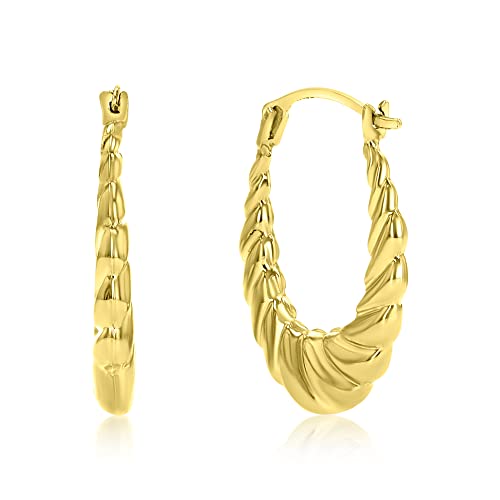 14K Yellow Gold 2x18mm Small Bamboo or Shrimp Design Lightweight Oval Hoop Earrings2