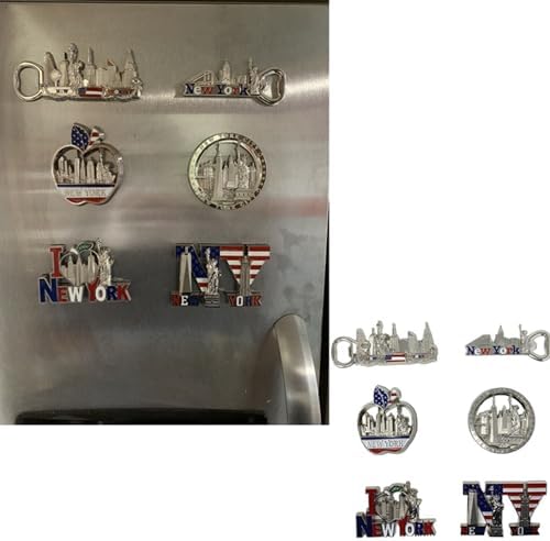 6 Pack Silver Bundle Fridge Magnets New York Souvenir Empire State Building, Skylines, Statue of Liberty, Brooklyn Bridge, The Big Apple, USA Flag, Bottle Opener