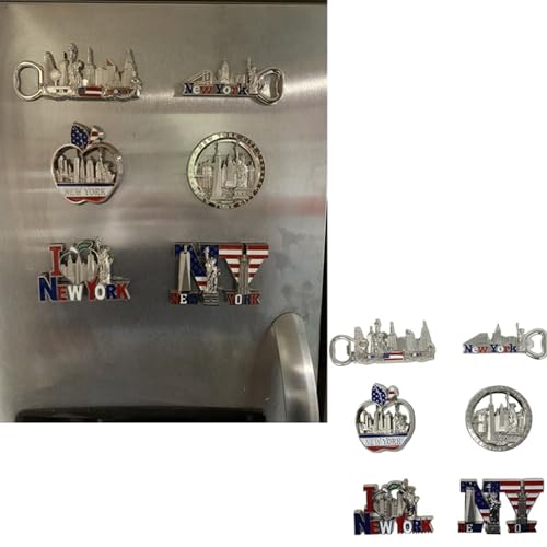 6 Pack Silver Bundle NYC Metal Fridge Magnets New York Souvenir Empire State Building, Skylines, Statue of Liberty, Brooklyn Bridge, Big Apple, USA Flag, Fridge Magnet Bottle Opener