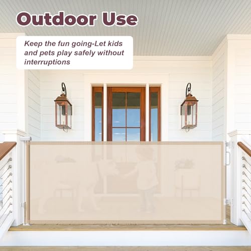 Image of 76 inch Retractable Baby Gates Extra Wide, Mesh Long Dog Gate for Deck | Indoor Outdoor Stair Gate for Wide Openings Doorways Hallways Porch, Child Pet Safety Essentials for Home, Beige