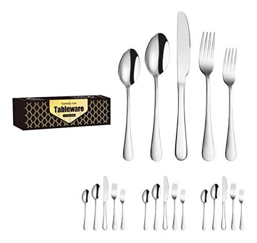 Image of aDai Combo Set of 20 Premium Silver Cutlery - Stainless Steel Luxury Dinnerware Tableware - Round Edge Serving Spoon Fork Knife - Reusable Mirror Finish for Home Kitchen Dining Table and Gift