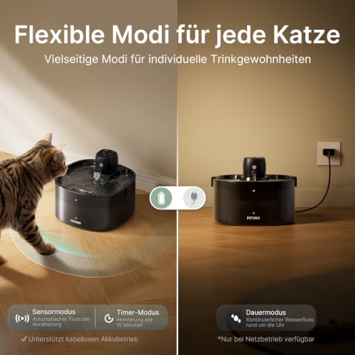 PETUNO 2,3L Katzenbrunnen Kabellos Batteriebetrieben, Schwarz – Ansicht 5