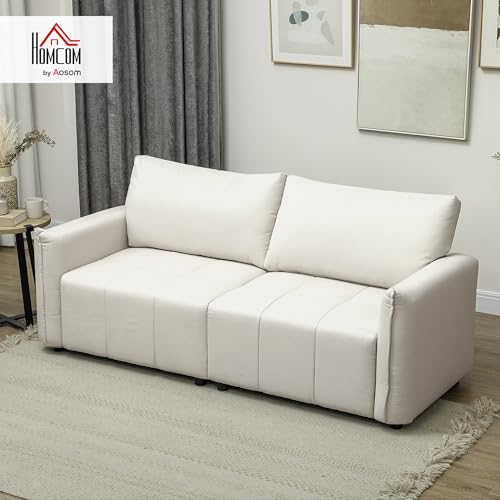 HOMCOM Canapé 3 Places Moderne 196 cm en Tissu Aspect Lin, Dossier et accoudoirs rembourrés, avec 2 Coussins, canapé de Salon, pour Chambre ou Bureau à Domicile, Pieds en Acier, crème – Image 3