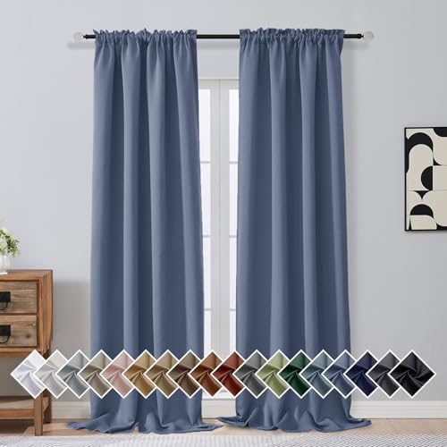 Image of Denim Blue Blackout Curtains for Bedroom 96 Inches Long 2 Panels, Soft Fabric Blackout Curtains, Room Darkening Living Room Window Treatments, Dual Rod Pocket Window Drapes, 2x40Wx96L Inches