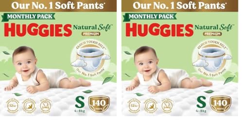 Image of Huggies Natural Soft Premium Baby Diaper Pants, Our No.1 Soft Pants, Small (S) Size (4-8 Kgs), Monthly Pack of 280 diapers | Cloud Softness All over with India's 1st Cloud Touch Belt
