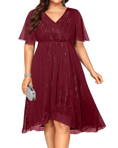 Plus Size Cocktail Dress - Formal Wedding Guest Fall Long Sleeve A Line Pleated V Neck Midi Dresses for Curvy Women