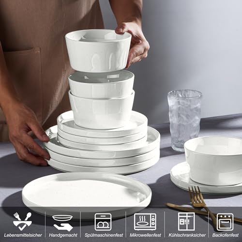 Homikit Geschirr Set, 18-tlg Steinzeug Geschirrset Tafelservice 6 Personen, Essgeschirr mit Dessertteller Müslischüsseln Speiseteller, Klassisch Weiß mit Speckles, Mikrowellen- und Spülmaschinenfest