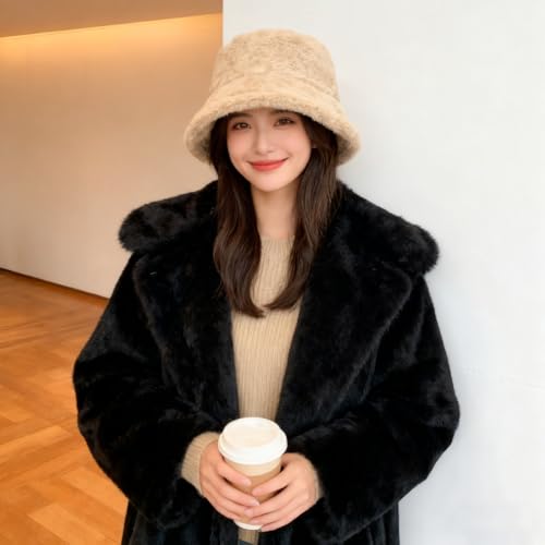 Image of Bucket Hat Women Furry Fuzzy Bucket Hats for Ladies, Winter Warm Fluffy Plush Faux Fur Hat for Women