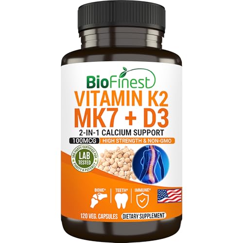 BioFinest Vitamin K2 MK7 with D3 Supplement Capsule 120 Count Bone and Joint Support Calcium Absorption