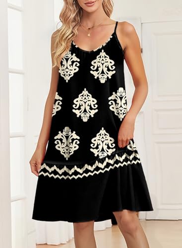 Image of Dokotoo Summer Dresses for Women 2026 Spaghetti Strap Sexy Deep V Neck Smocked Ruffle Flowy Boho Dresses