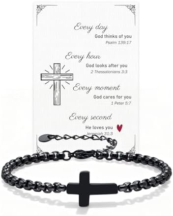 Gift for Men Cross Chain Bracelets for Men Women, Black Stainless Steel Cross Charms Link Men's Bracelet, Faith Religious Easter Catholic Christian God Jesus Communion Baptism Jewelry Gift