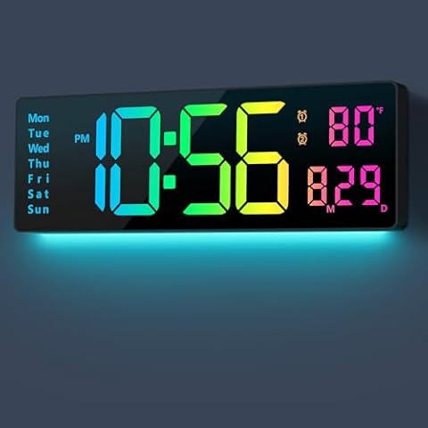 Digital Wall Clock Large Display 16", Digital Clock with 11 RGB Colors Changing Remote Control, LED Clocks with Night Lights for Living Room Bedroom Office Classroom Decor, Auto DST (Multicolor) Cover
