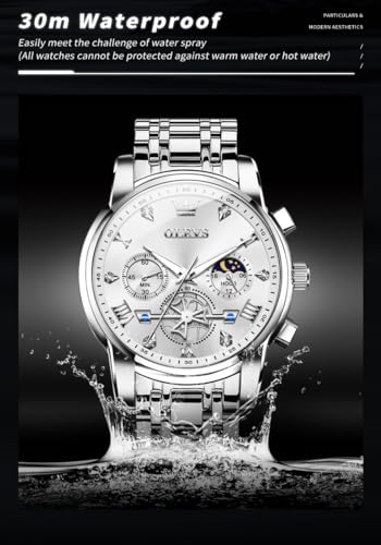 Image of OLEVS Mens Watches Luxury Diamond Calendar Stainless Steel Male Watches Business Dress Waterproof Luminous Fashion Watch for Men