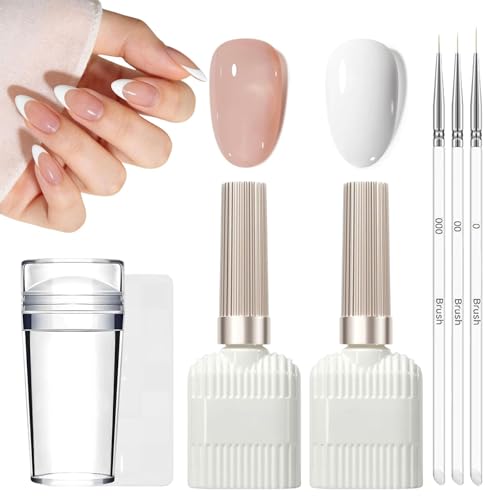 French Manicure Kit - French Manicure Gel Polish - Jelly Nude Gel Polish & White Gel Nail Polish Set with 3 Nail Art Brushes & Nail Stamper for FrenchTips at Home