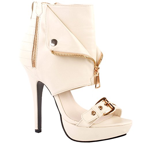 SHOW STORY Moto Beige Open Toe Gold Zip Strappy Stiletto High Heel Dress Sandals Gladiator High Heel Stiletto Platform Ankle Bootie Sandals,LF30103BG38,7US,Beige
