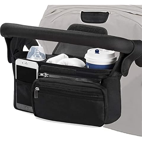 Goldmiky Pram Buggy Organiser Bag, Baby Pram Organiser Buggy Storage Bag with Detachable Pocket, Mobile Phone Pocket, 2 Insulated Cup Pockets & Shoulder Strap Pushchair Organiser Cover