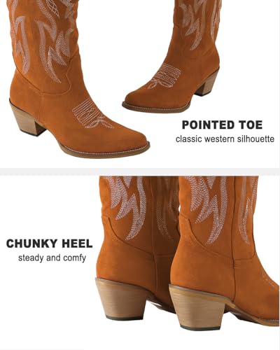 Image of LingxiaUne Cowboy Boots for Women Floral Cowgirl Boots with Pointed Toe and Chunky Heel Mid Calf Western Boot for Concert Festival Country Night Party