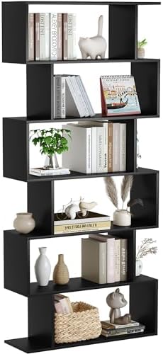 Yusong Bookshelf 6-Tier, Geometric Bookcase S Shaped Book Shelves for Bedroom, Modern Wood Decorative Display Shelf Tall Book Case for Home Office, Black