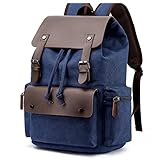 TOKSHOP Mochila de Lona com Partes em Couro e Compartimento Para Notebook de Até 15.6 Polegadas Impermeável Resistente Costura Reforçada com Diversos Bolsos