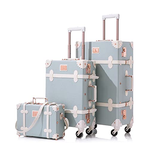 Unitravel 3 Piece Vintage Suitcase Set, 26' Handmade Women Travel Luggage with 12' Handbag, Hardside Faux Leather Retro Carry on Spinner Trunk with TSA Lock,Embossed Blue,26'+20'+12'