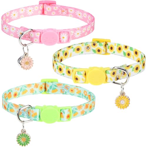 DILLYBUD Cat Collars for Girl Cats, 3 Pack Spring Flower Cat Collars Breakaway with Bell for Outdoor Indoor Kitten, Cute Collar with Safety Buckle Adjustable 8-12 for Kitty Puppy Small Pets, Floral