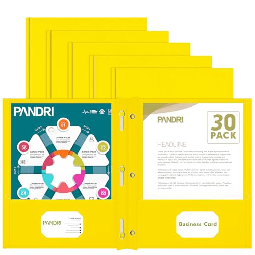 Image of Two Pocket Folders, PANDRI 30 Pack Two Pocket Folders with Prongs, 3 Prong Folders Designed for Office and Classroom, Letter Size Yellow