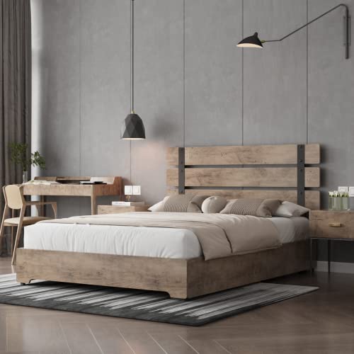 Full Bed Frame With 4 Storage Drawers, Rustic Wooden Headboard And Footboard Platform Bed Frame With Strong Wood Slats And 9 Metal Legs Support, No Box Spring Needed, Easy Assembly, Wood-Grain Brown #TOP2
