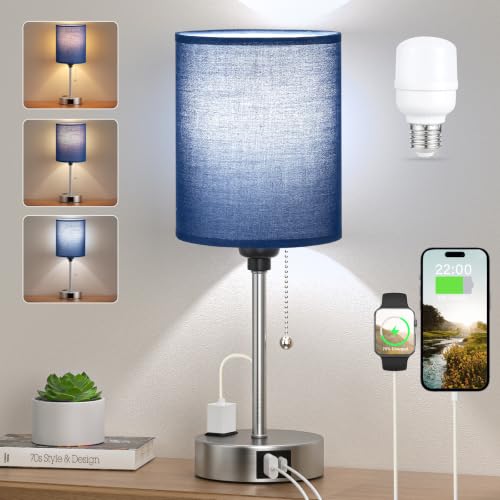 Image of Blue Bedside Table Lamp for Bedroom, Desk Lamp with USB Ports for Dorm