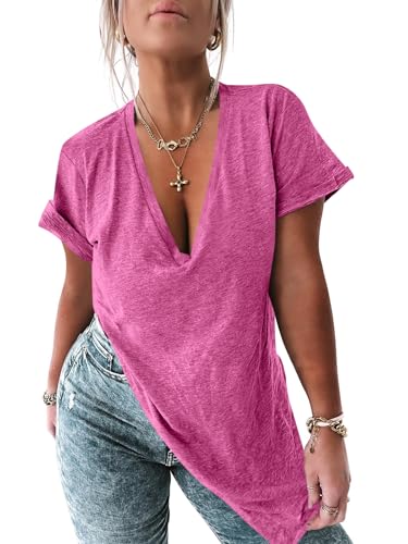 Image of Womens Deep V Neck T Shirts Oversized Side Split Summer Sexy Tunic Tops | Loose Fit, Low Cut, Soft Comfortable, Flowy, Casual Dressy, Stretchy, Beach Vacation, Solid Color, Curved Hem