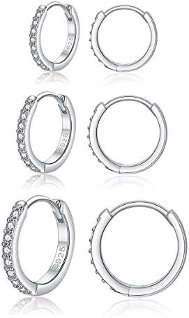 Deyanse Silver Hoops Earrings for Women, 925 Sterling Silver Hoop Earrings Set with Cubic Zirconia, Silver Small Sleeper Huggie Hinged Hoop Earrings, Silver Unisex Hoop Earrings Set in 10, 12, 14mm
