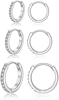 Deyanse Silver Hoops Earrings for Women, 925 Sterling Silver Hoop Earrings Set with Cubic Zirconia, Silver Small Sleeper Huggie Hinged Hoop Earrings, Silver Unisex Hoop Earrings Set in 10, 12, 14mm