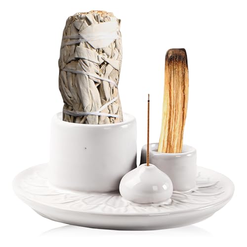 Byzesty Porte-Encens, Bol D'encens 4 en 1 Brûleur D'encens Porte Encens en Céramique Support Palo Santo Plateau en Céramique Bruleur Encens Support pour...