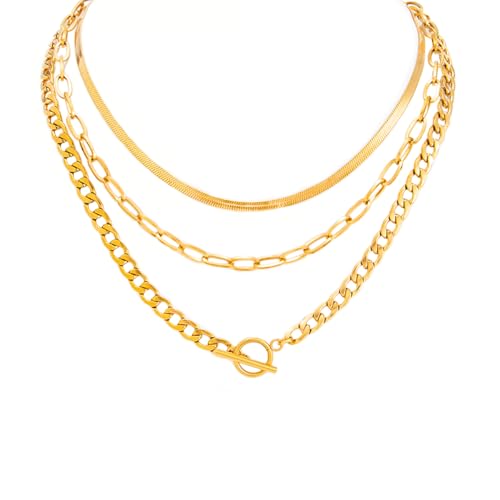 KunJoe Layered Gold Necklace for Women 18K Gold Plated Stainless Steel Chain Necklaces Trendy Cuban Link Paperclip Chain Toggle Clasp Choker Necklace Stack Set (Gold Necklace) by KunJoe - Used condition - US$6.83