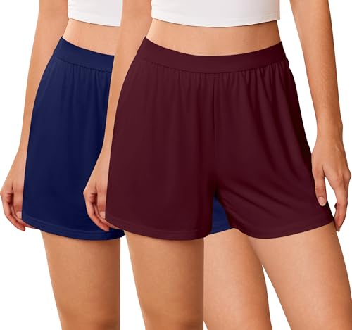 Image of Ekouaer Womens 2 Pack Pajama Shorts 2026 Comfy Elastic Waist Sleep Shorts Bamboo Viscose Soft Pj Bottoms with Pockets