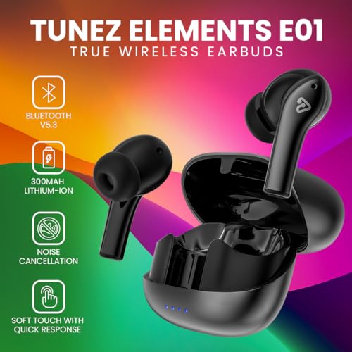 Image of Tunez Elements E01 True Wireless Earbuds - Bluetooth V5.3, 36 Hours Music Time, 40 Hours Play Time, Quad Mic ENC, 3C Fast Charging, Soft Touch Type, 10mm Drivers (Black)